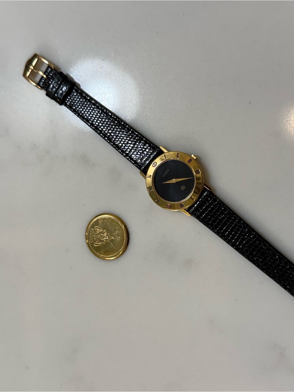Gucci 3000L Vintage Women's Watch with Black Leather Strap